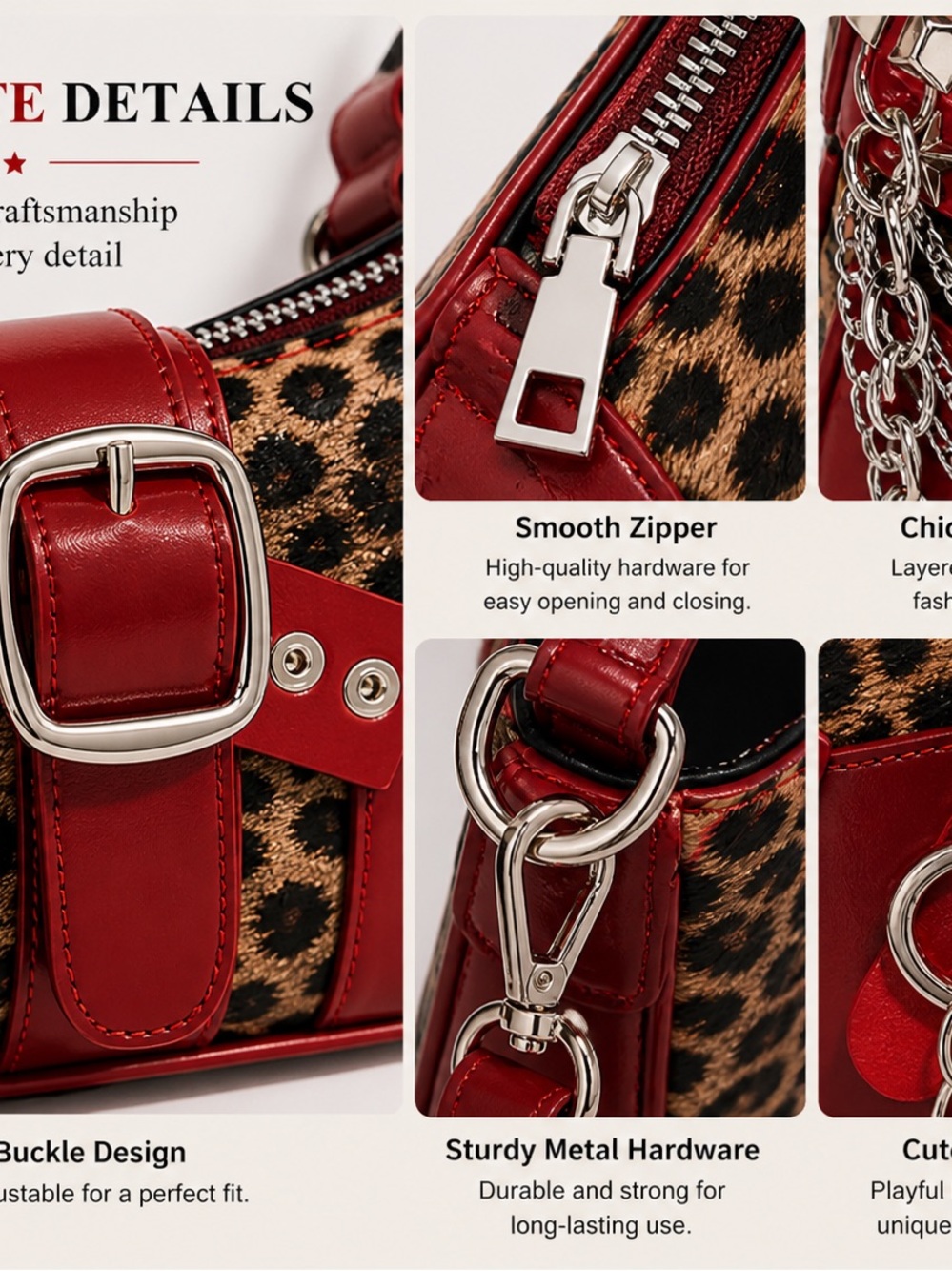 Leopard Print Shoulder Bag Red Trim Chain Accent Y2K Baguette Purse - Picture 5 of 7